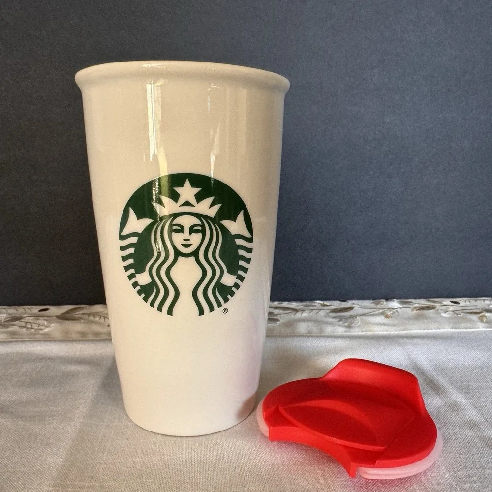 Starbucks Tumbler Ceramic Travel Coffee Mug White 12 Oz with Red Generic Lid